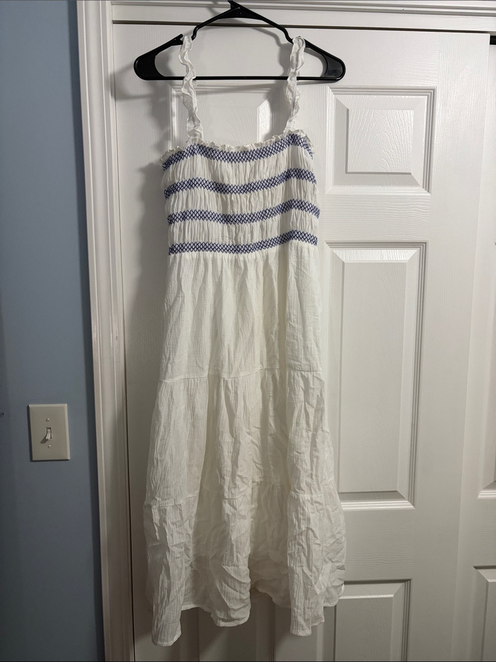 White Sundress with Blue Smocked Bodice